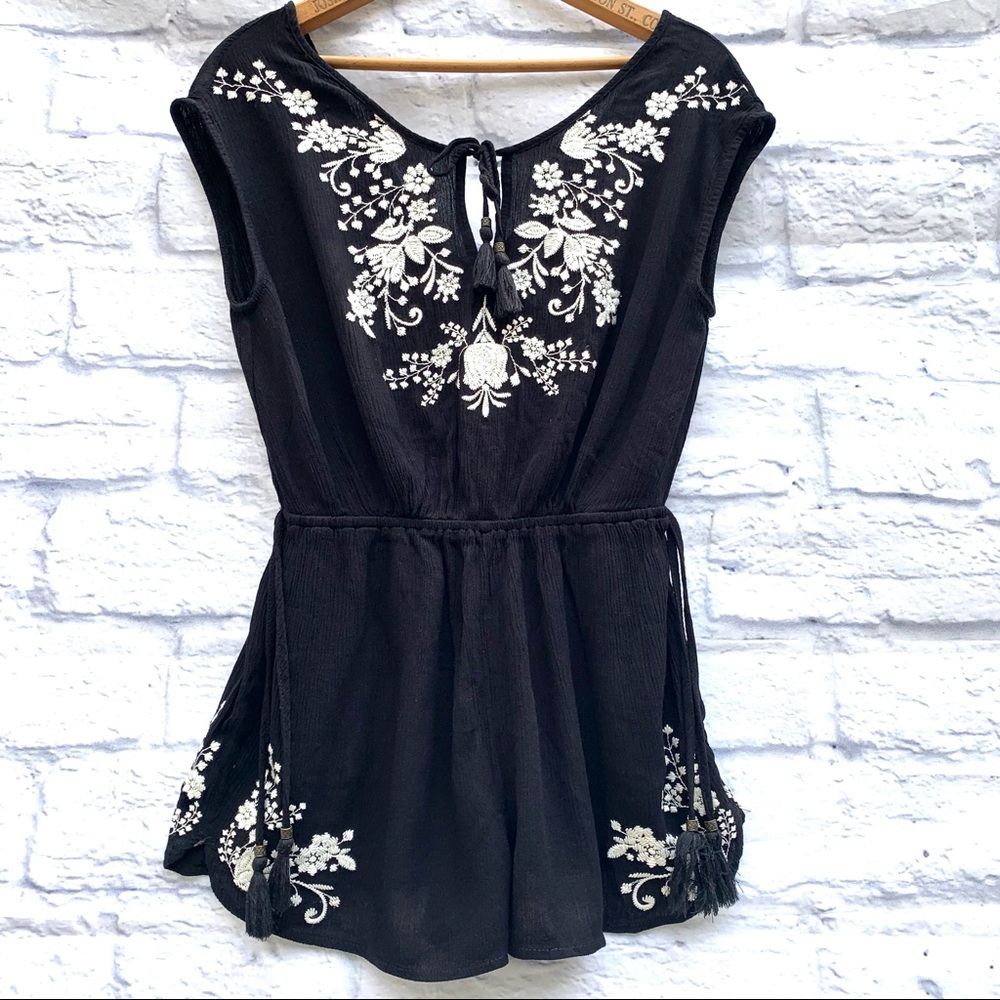 Black Embroidered Romper with Tassels
